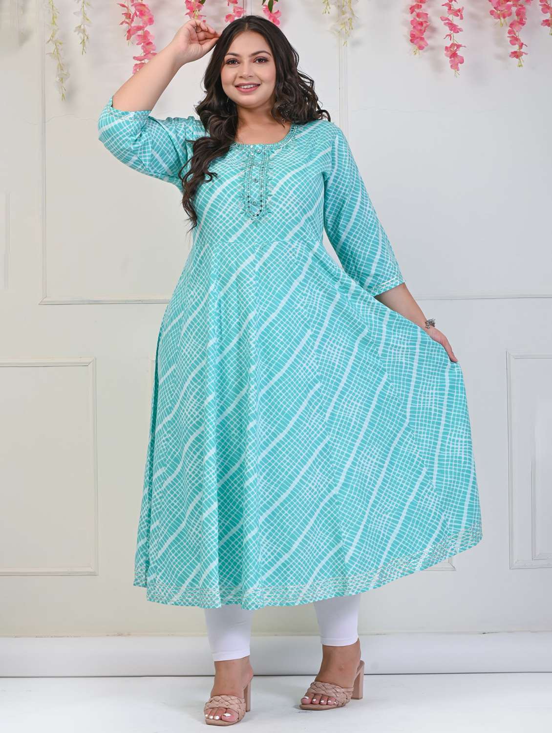 women printed three quarter sleeve a-line kurta - 22076780 -  Standard Image - 1