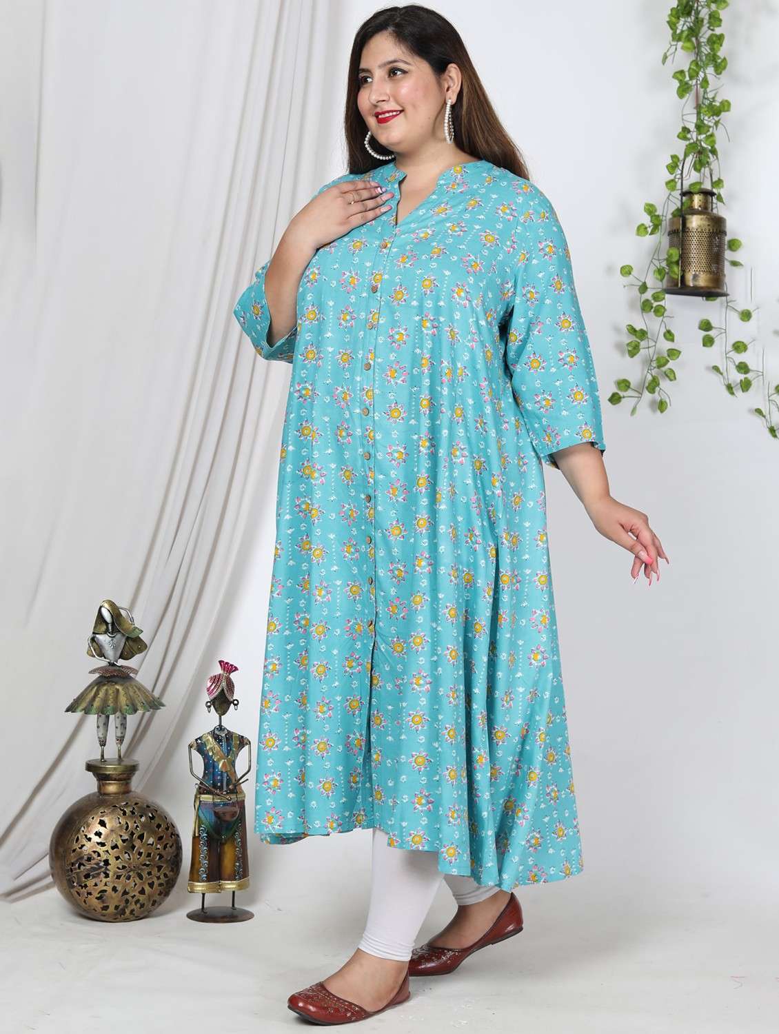 women printed three quarter sleeve flared kurta - 22076786 -  Standard Image - 1
