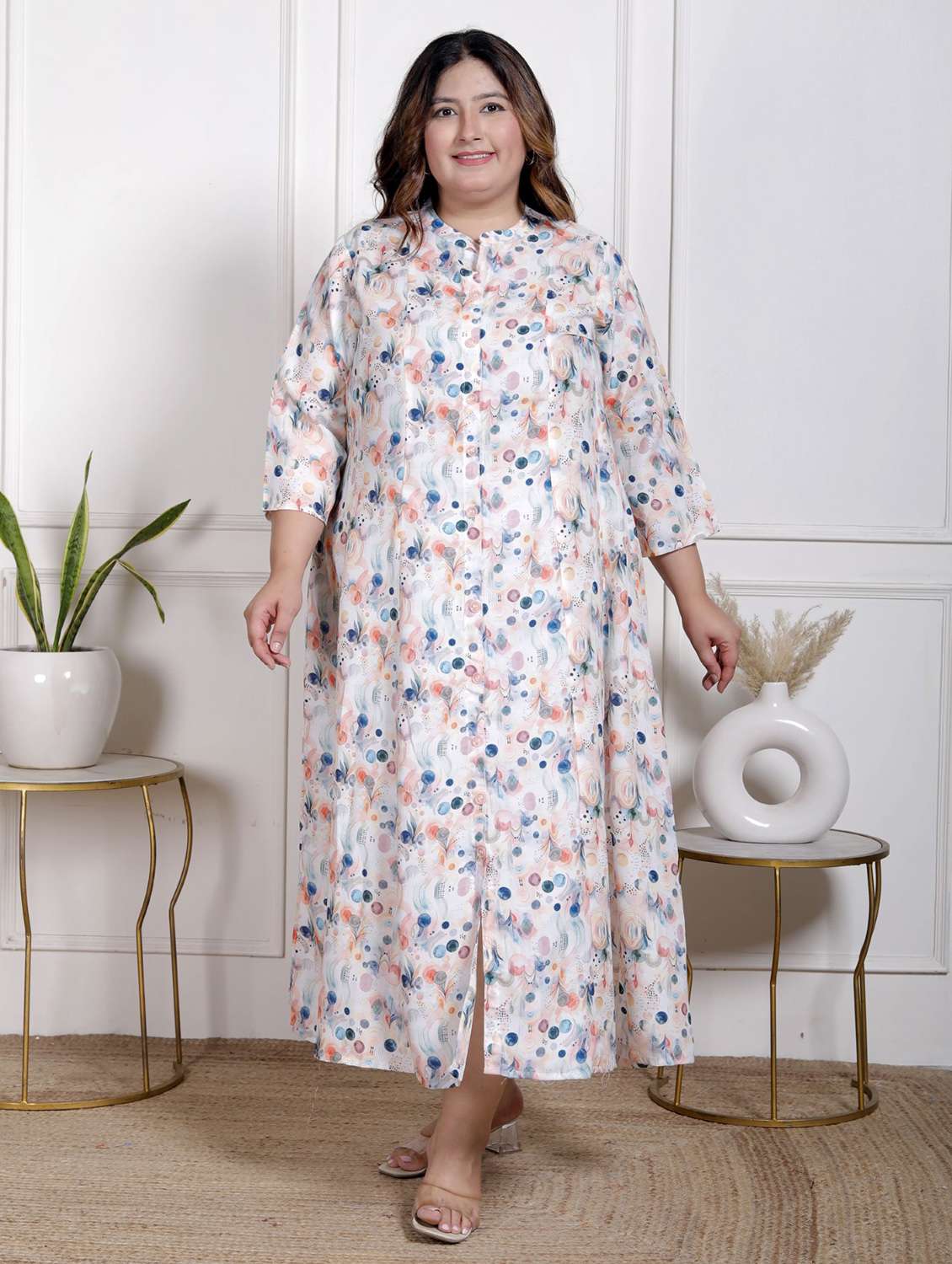 women plus size printed three quarter sleeve dress
