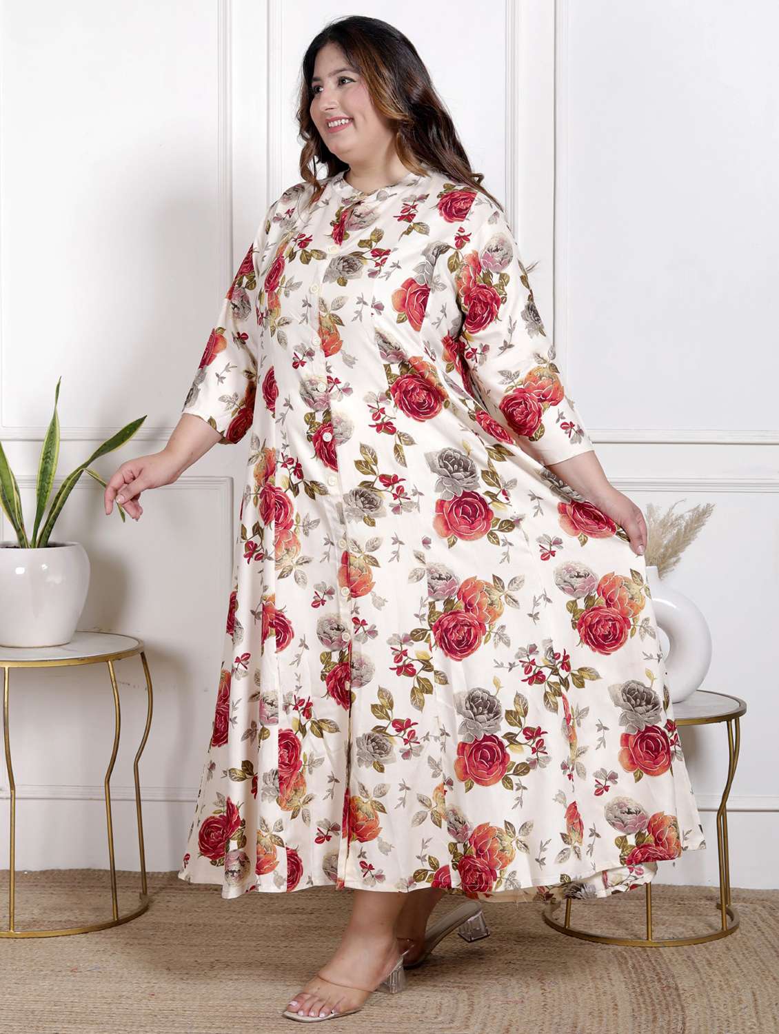 women plus size printed three quarter sleeve dress