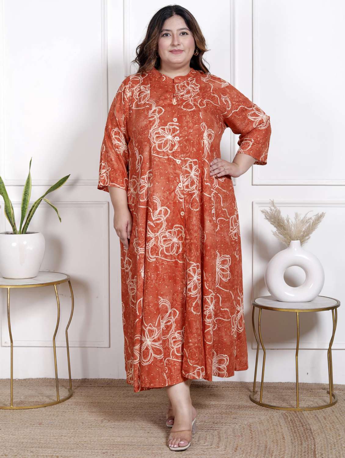 women plus size printed three quarter sleeve dress