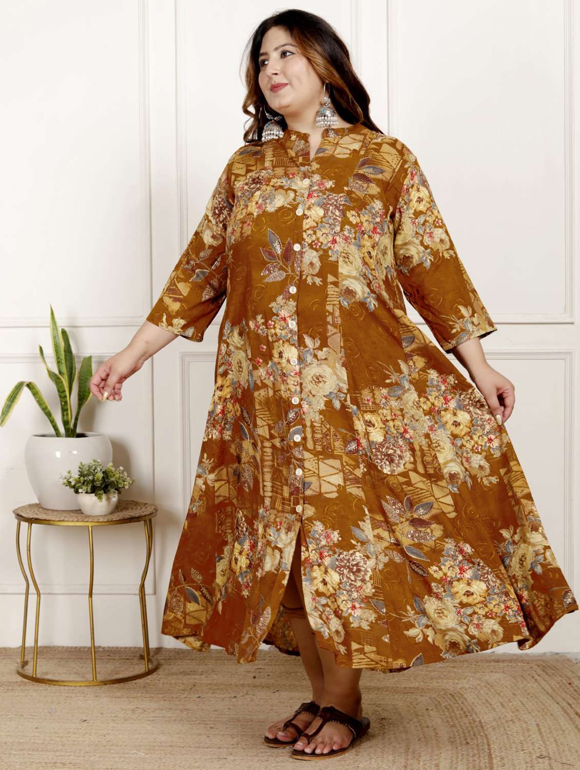 women plus size printed three quarter sleeve dress