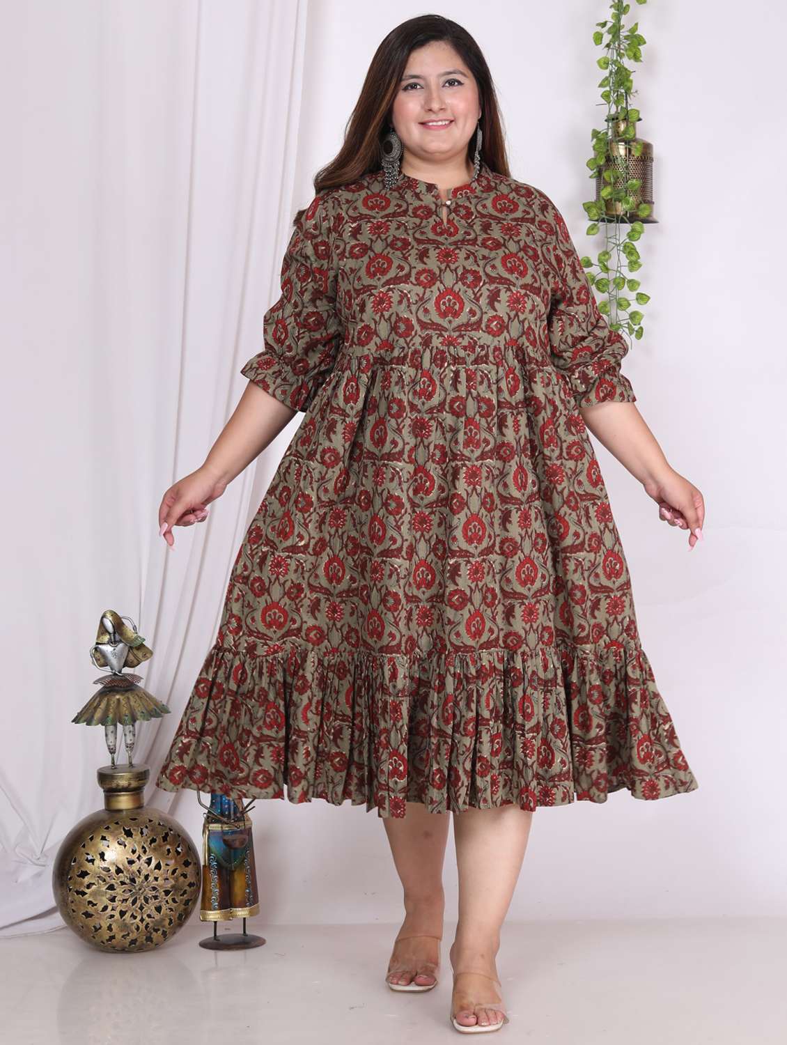 women plus size printed three quarter sleeve dress