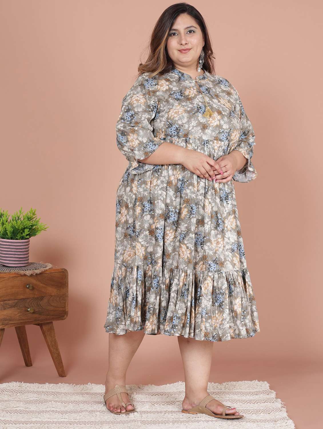 women plus size printed three quarter sleeve dress - 22076819 - Standard Image - 1