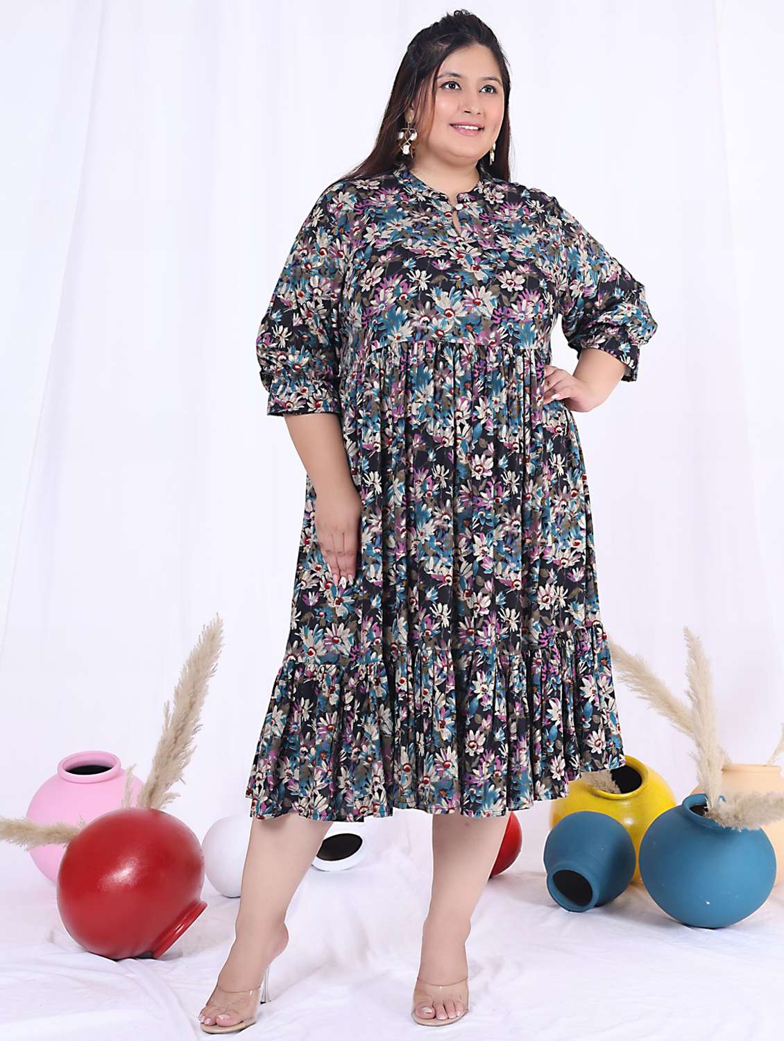women plus size printed three quarter sleeve dress