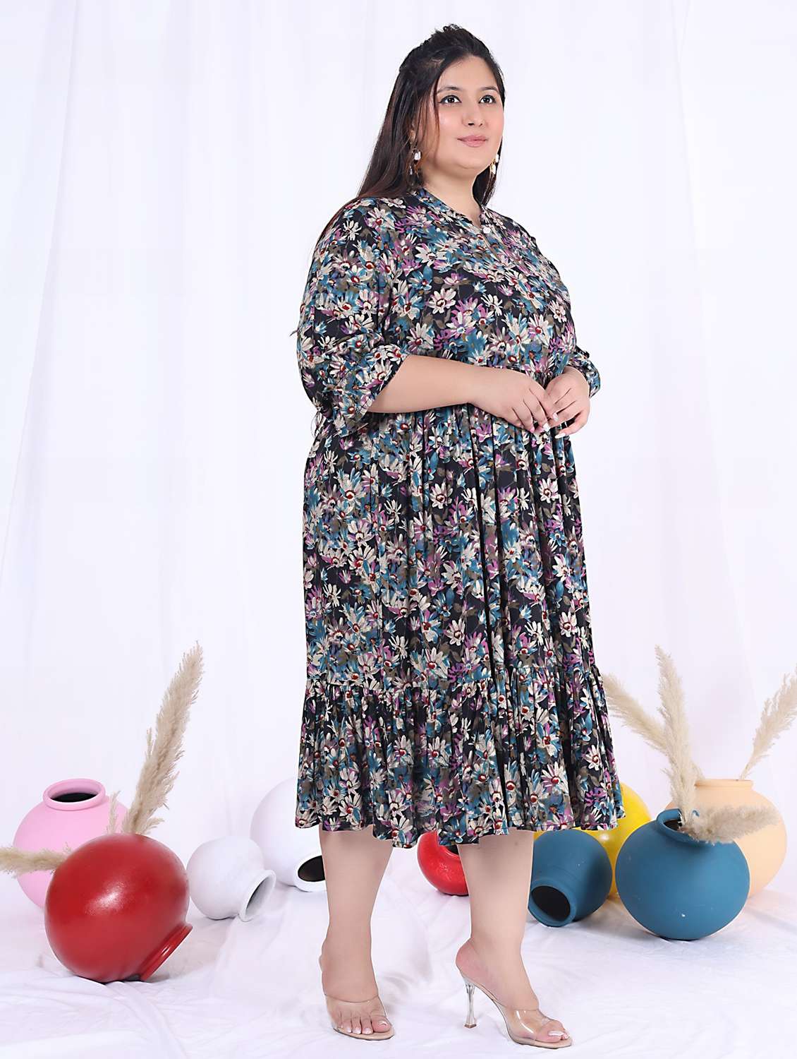 women plus size printed three quarter sleeve dress - 22076822 - Standard Image - 1