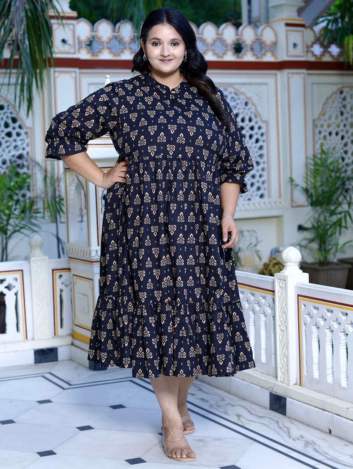 women plus size printed three quarter sleeve dress