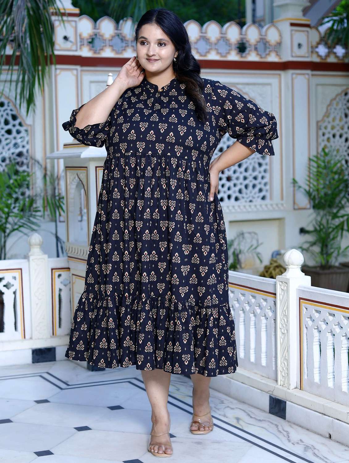 women plus size printed three quarter sleeve dress - 22076824 - Standard Image - 1
