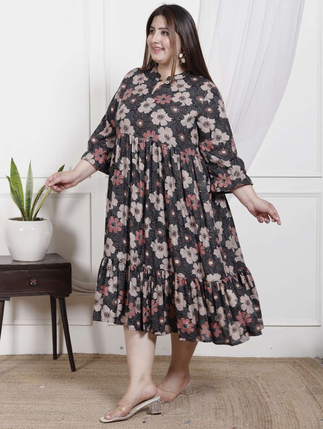 women plus size printed three quarter sleeve dress