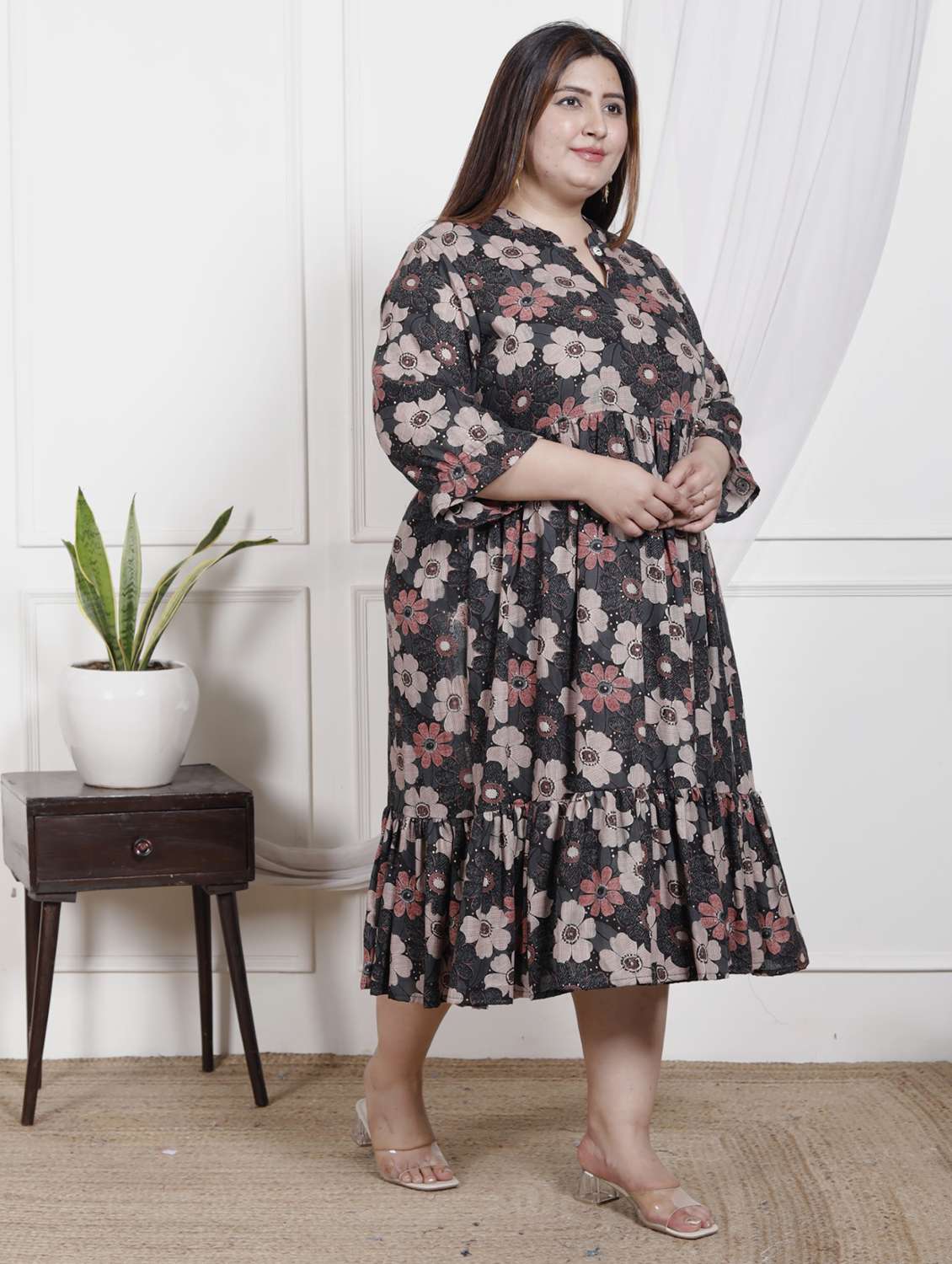 women plus size printed three quarter sleeve dress - 22076825 - Standard Image - 1