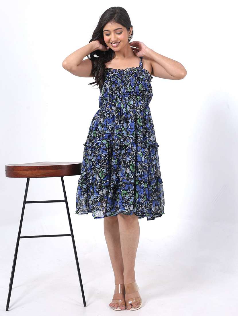 women printed shoulder strap tiered dress