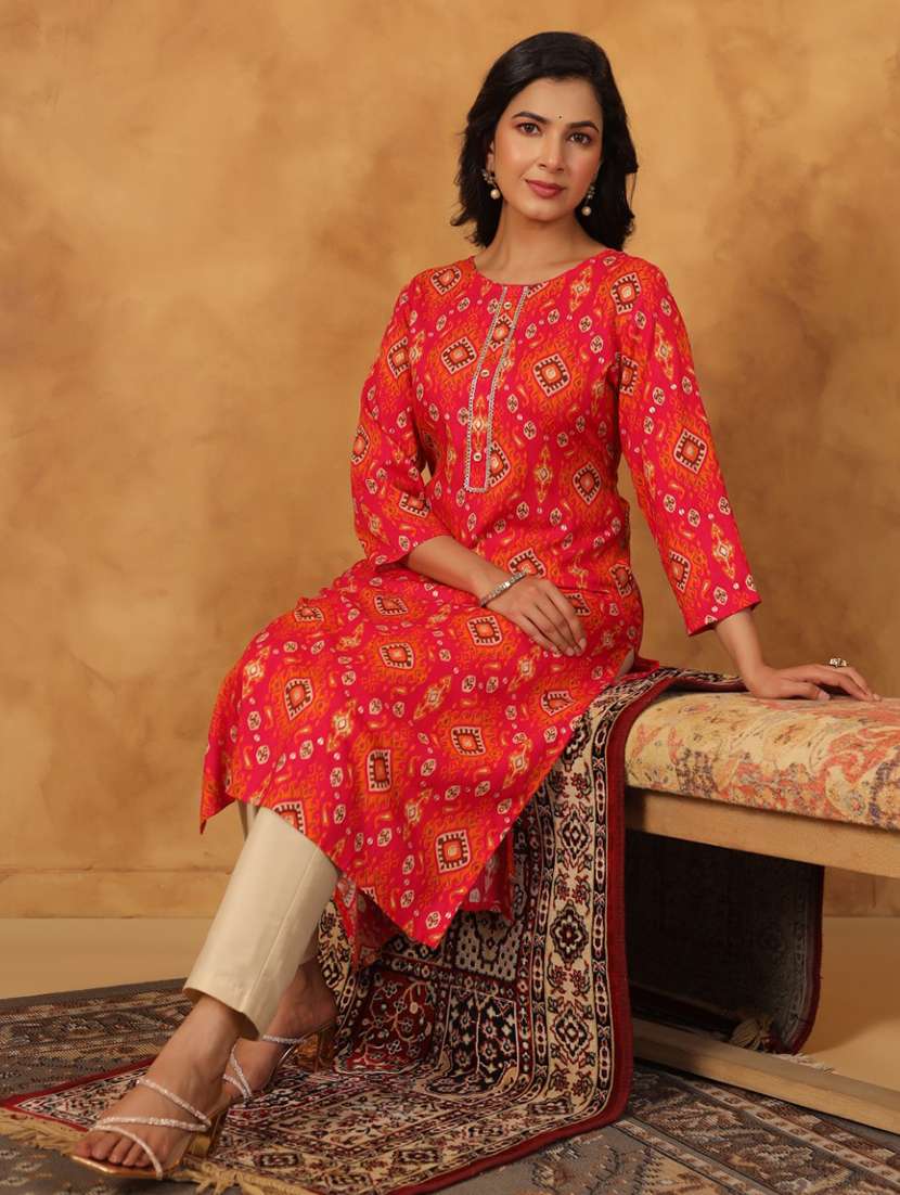 women printed three quarter sleeve straight kurta - 22076873 - Standard Image - 1