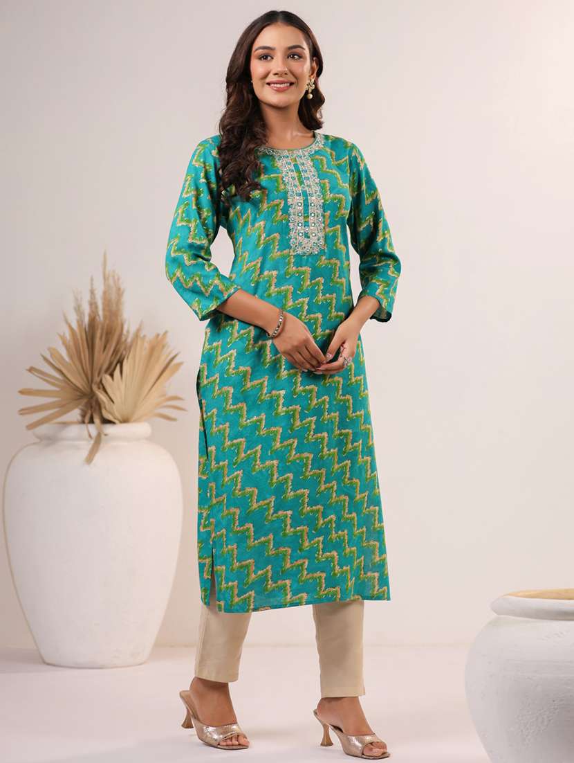 women printed three quarter sleeve straight kurta - 22076874 - Standard Image - 1