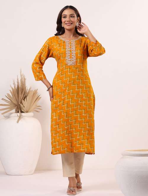 women printed three quarter sleeve straight kurta - 22076875 - Standard Image - 0
