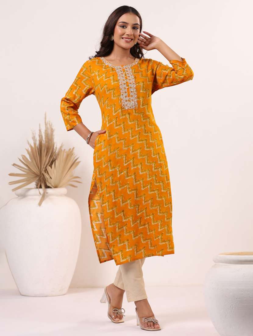 women printed three quarter sleeve straight kurta - 22076875 -  Standard Image - 1