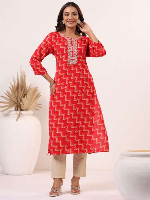 women printed three quarter sleeve straight kurta - 22076876 - Standard Image - 0