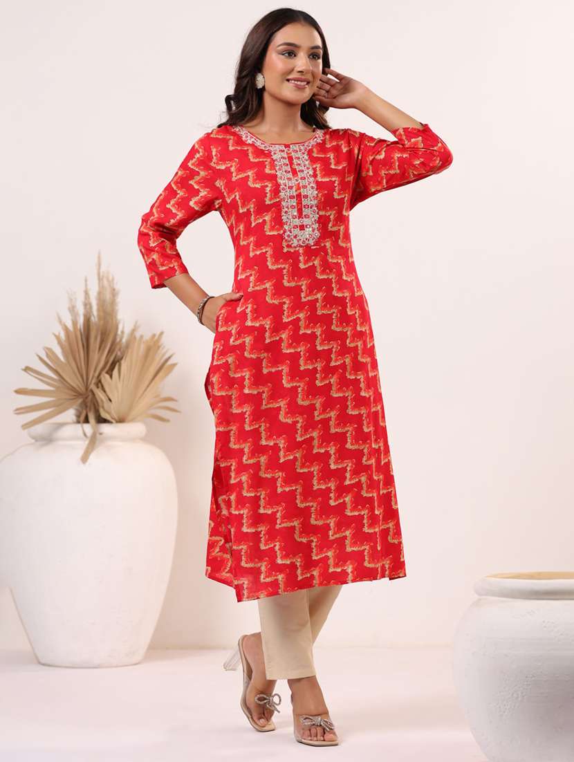 women printed three quarter sleeve straight kurta - 22076876 - Standard Image - 1