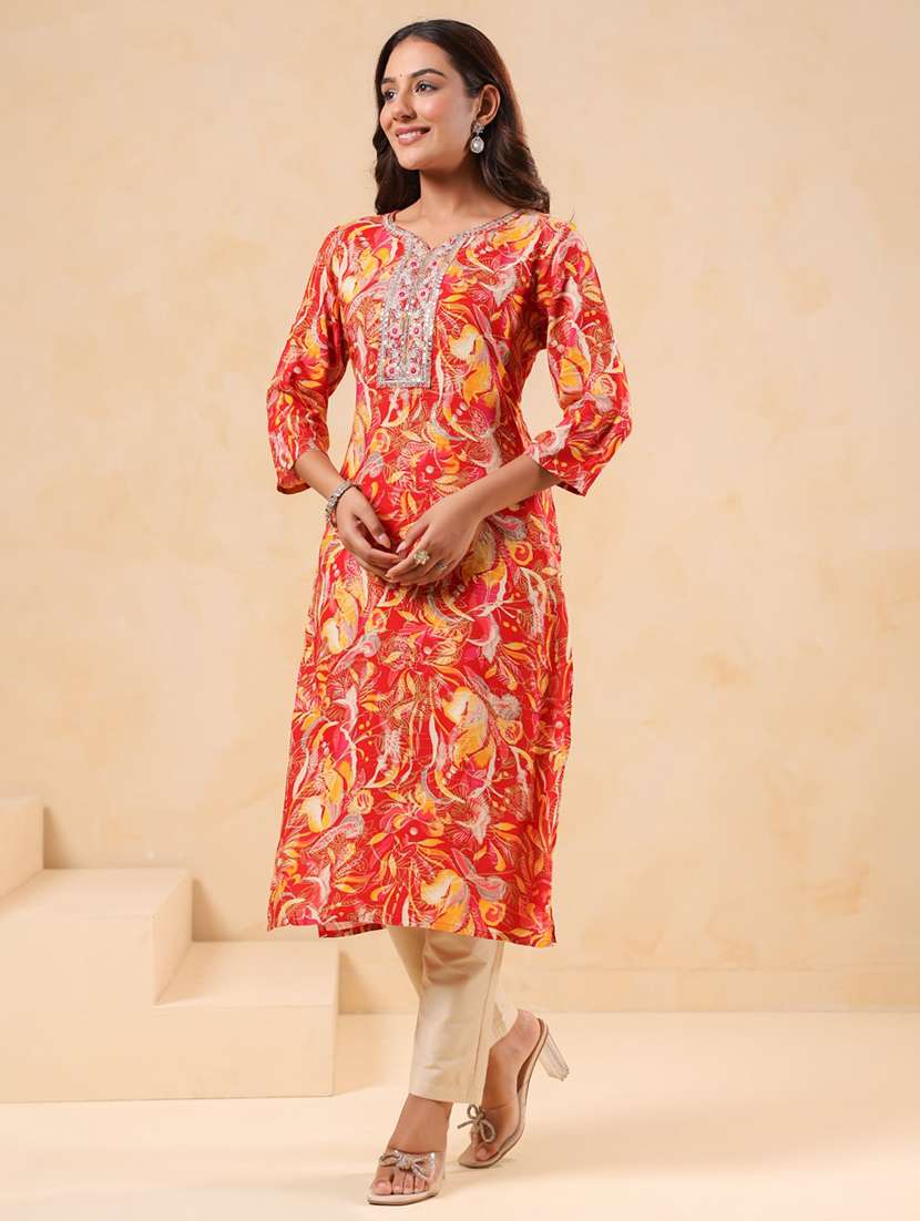 women printed three quarter sleeve straight kurta - 22076878 -  Standard Image - 1