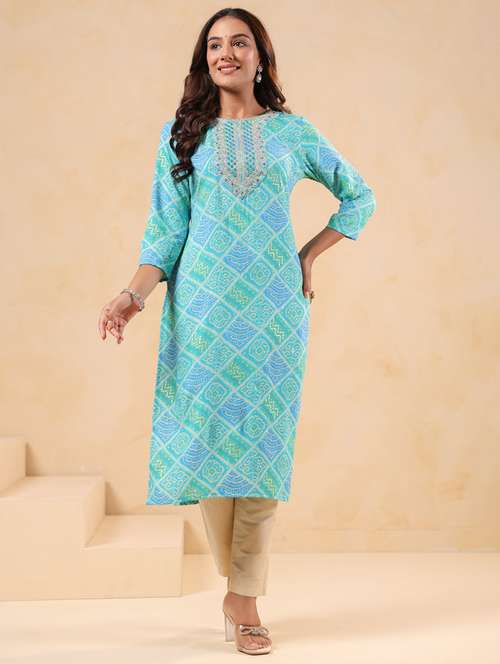 women printed three quarter sleeve straight kurta - 22076879 - Standard Image - 0