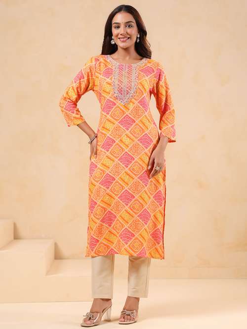 women printed three quarter sleeve straight kurta - 22076880 -  Standard Image - 0