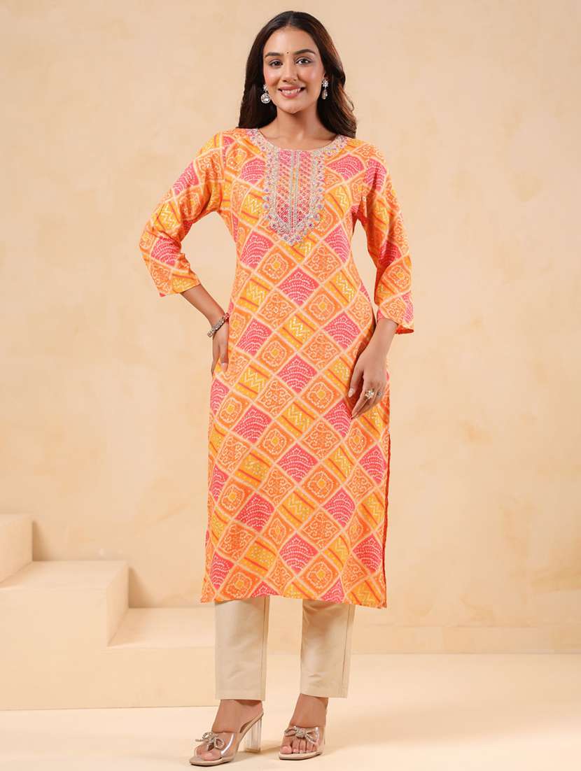 women printed three quarter sleeve straight kurta - 22076880 -  Zoom Image - 0