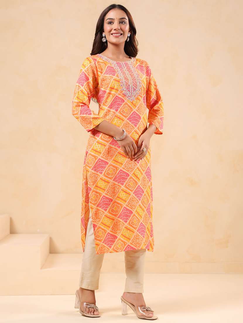 women printed three quarter sleeve straight kurta - 22076880 - Standard Image - 1