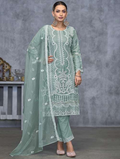 women embroidered long sleeve kurta pant with dupatta set