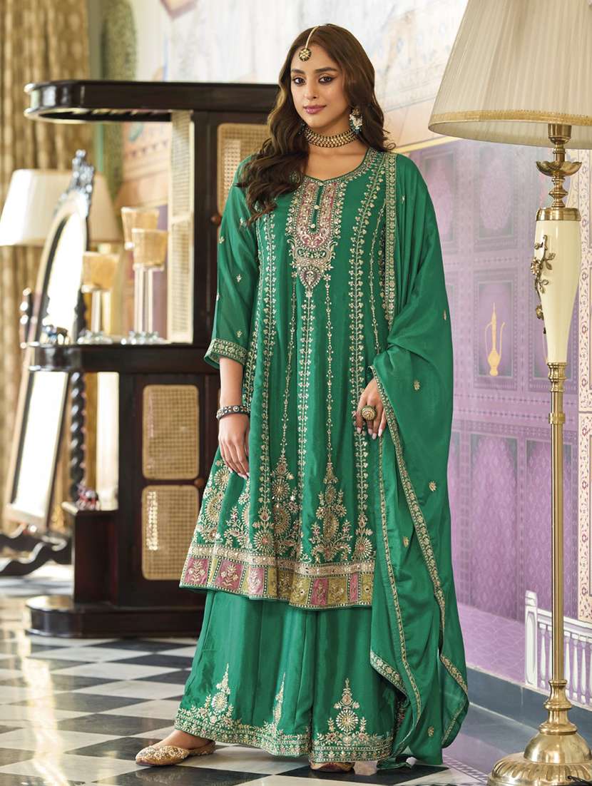 women embroidered long sleeve kurta sharara with dupatta set - 22076935 -  Standard Image - 1