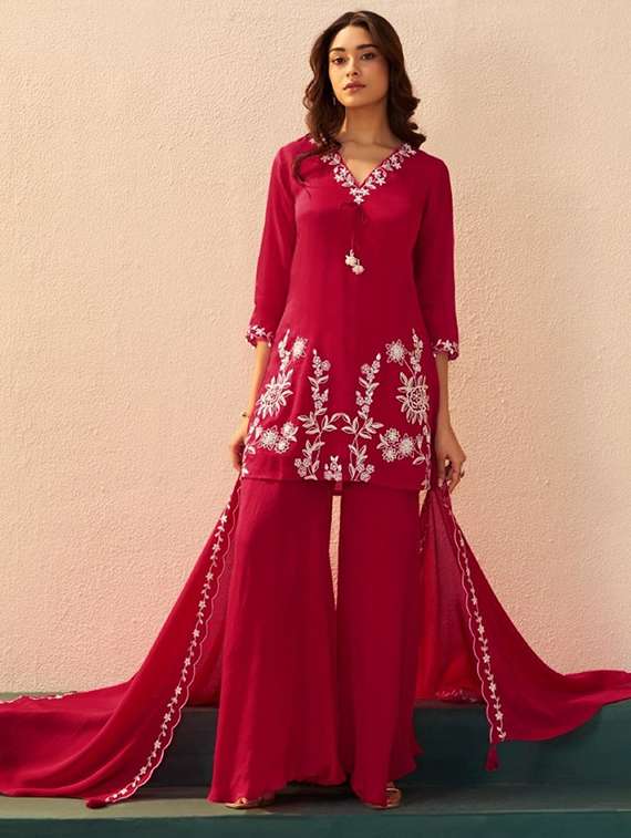 women embroidered three quarter sleeve kurta palazzo with dupatta set - 22076941 -  Standard Image - 1