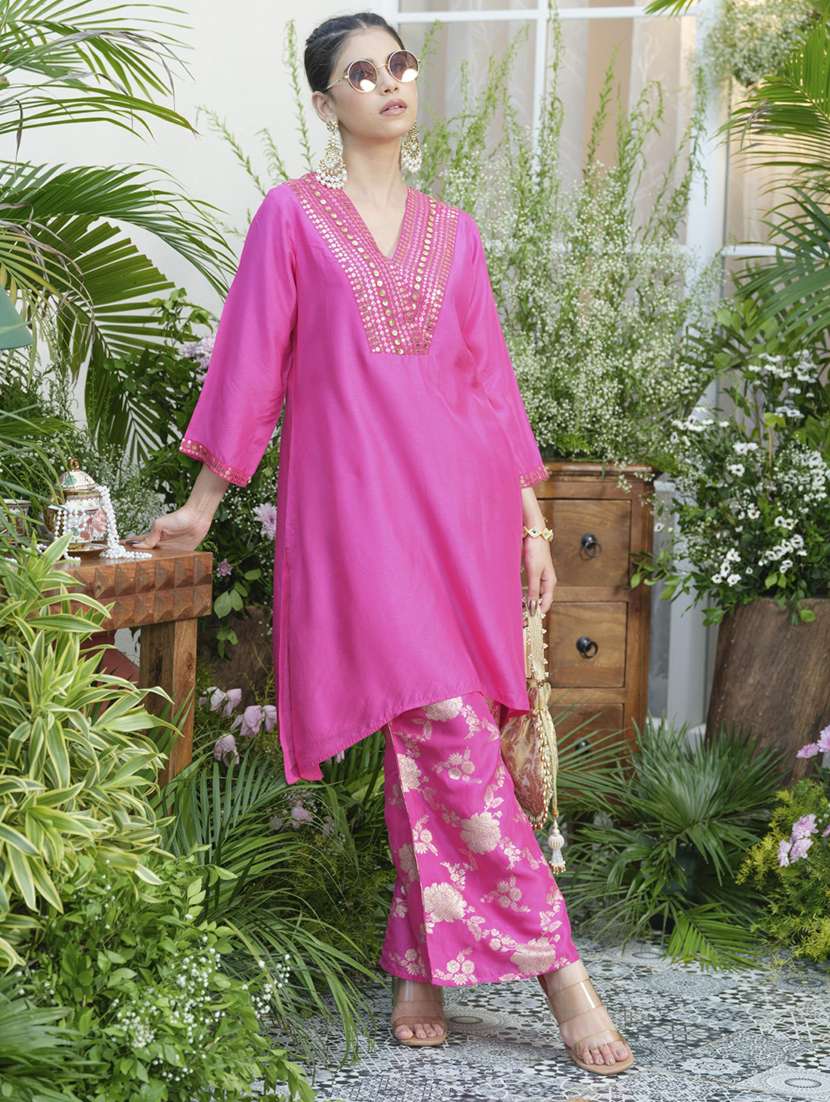 women solid three quarter sleeve kurta pant set - 22076955 -  Standard Image - 1