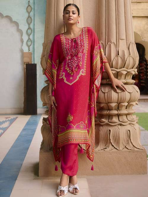 women printed kimono sleeve kaftan kurta with pant set - 22076963 -  Standard Image - 0
