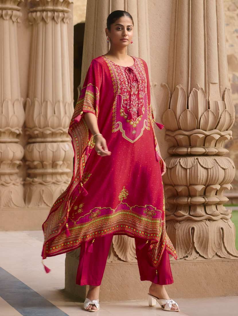 women printed kimono sleeve kaftan kurta with pant set - 22076963 - Standard Image - 1