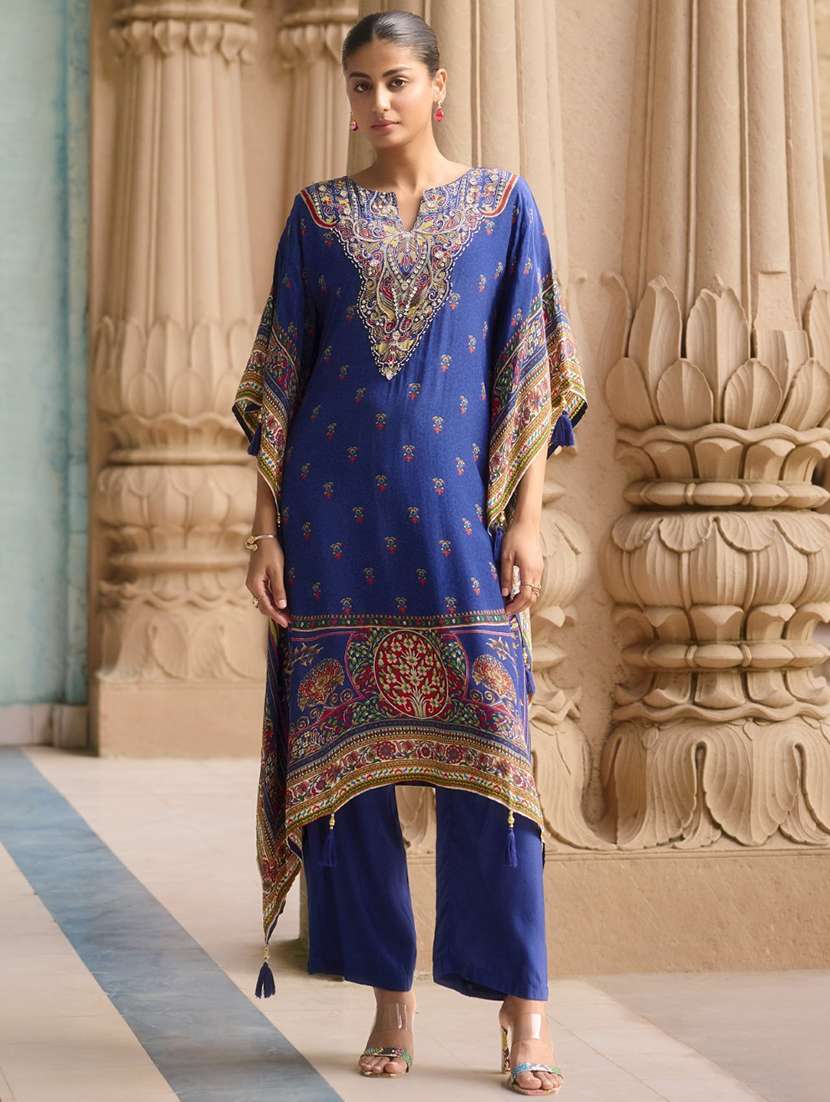 women printed kimono sleeve kaftan kurta with pant set