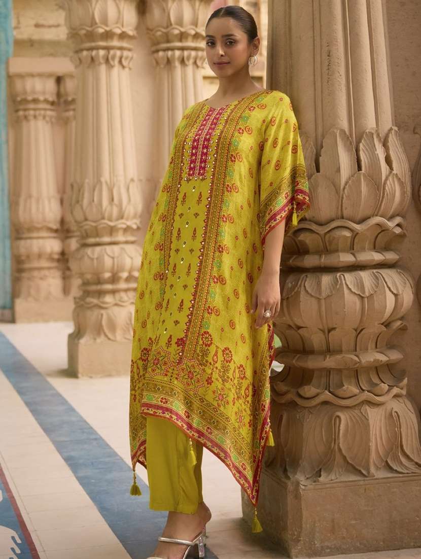 women printed kimono sleeve kaftan kurta with pant set - 22076977 -  Standard Image - 1