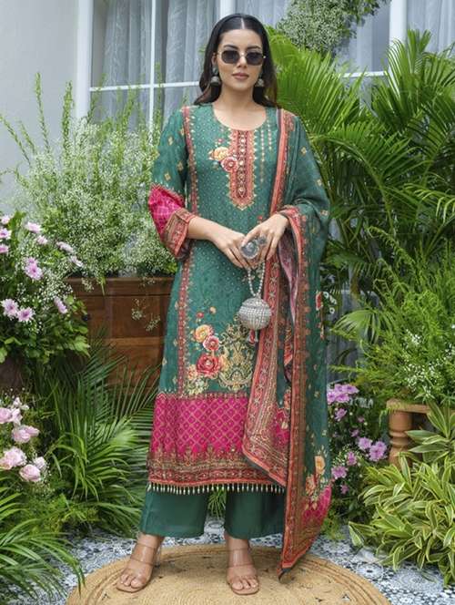 women printed three quarter sleeve kurta pant with dupatta set