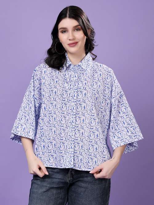 women printed drop sleeve collared oversized shirt - 22077001 - Standard Image - 0