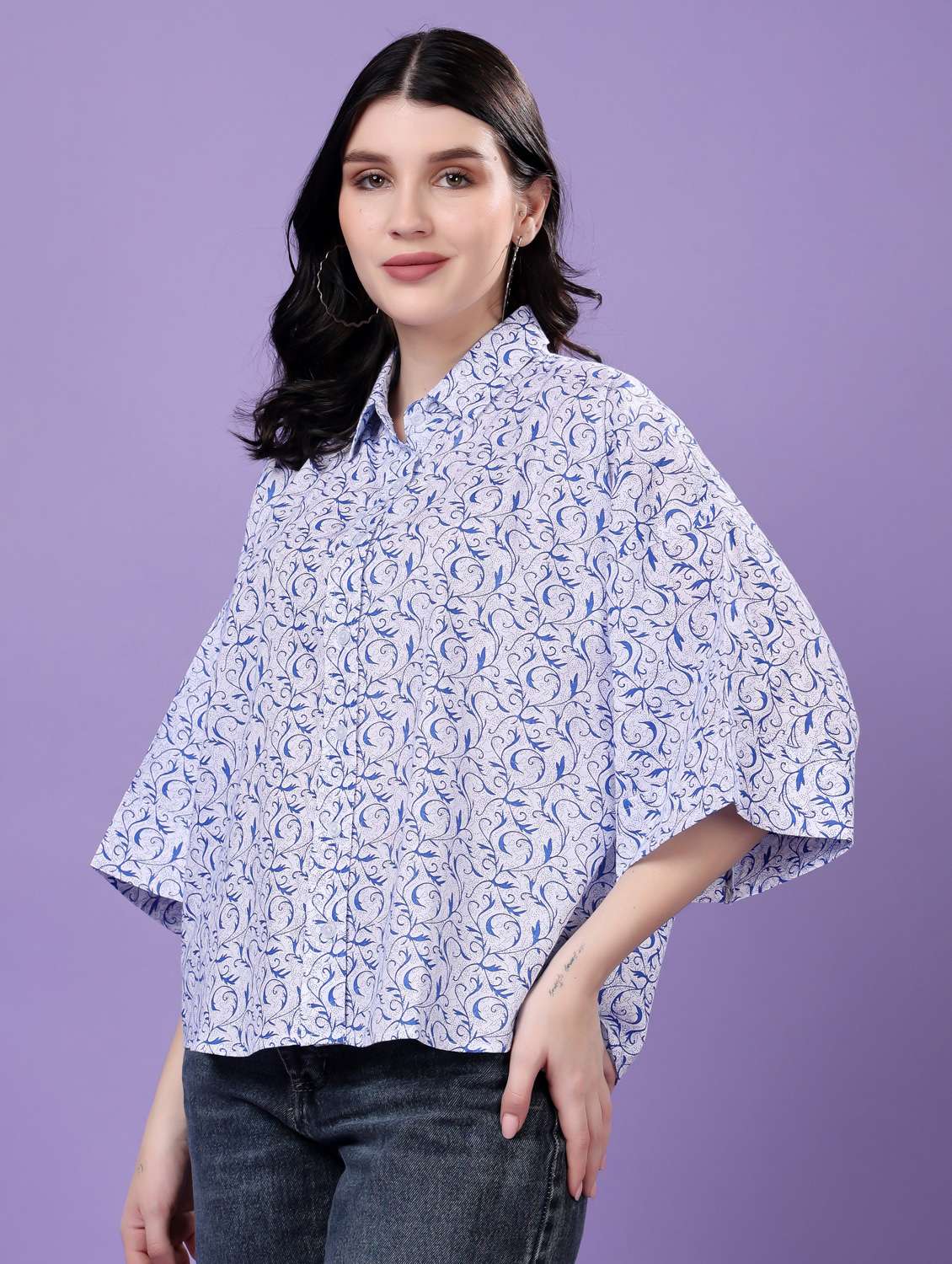 women printed drop sleeve collared oversized shirt - 22077001 - Standard Image - 1