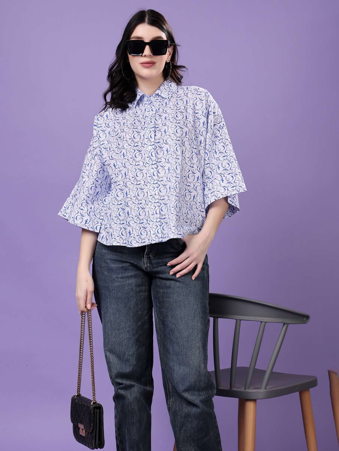 women printed drop sleeve collared oversized shirt - 22077001 - Standard Image - 4