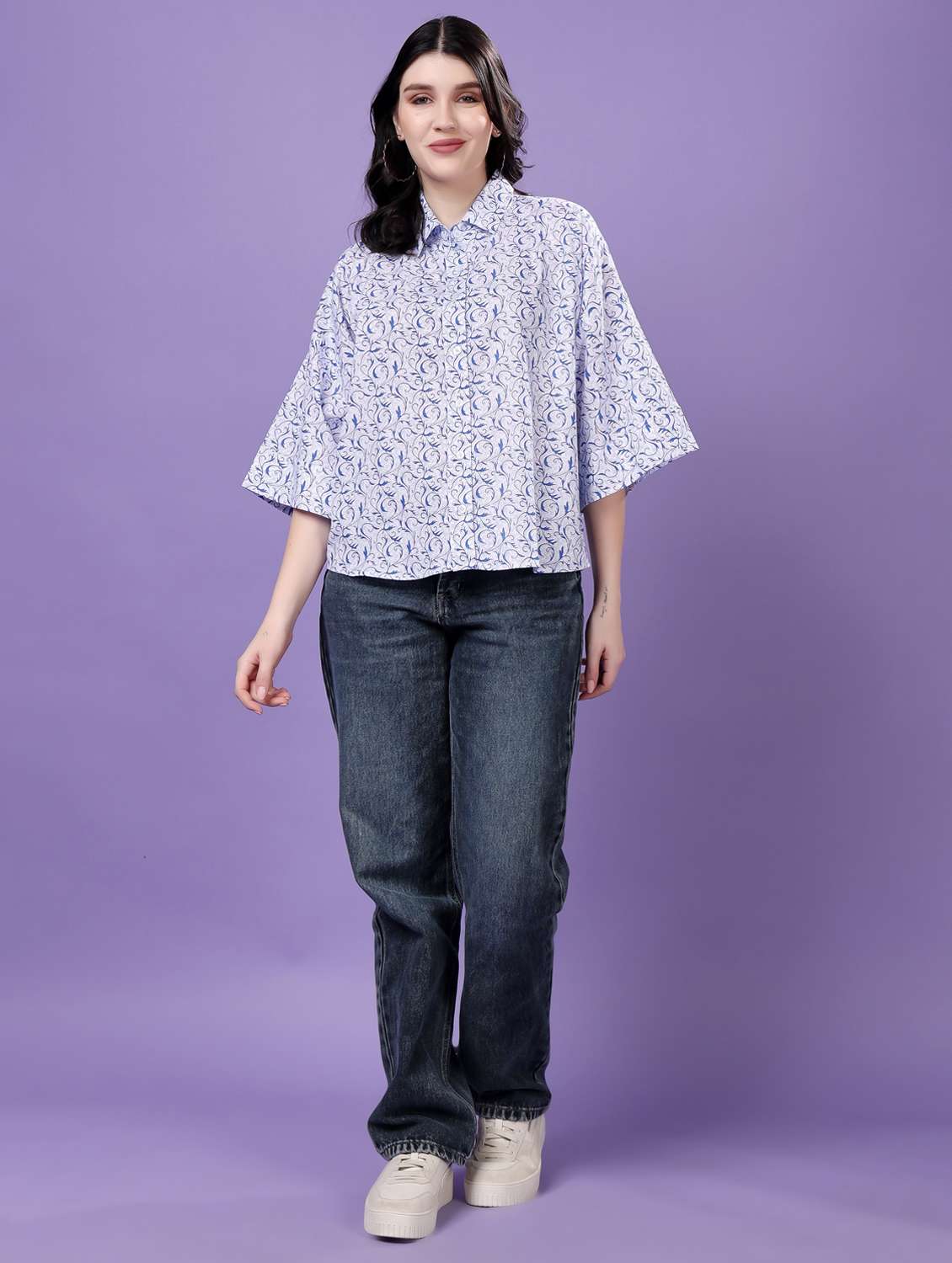 women printed drop sleeve collared oversized shirt - 22077001 - Standard Image - 6