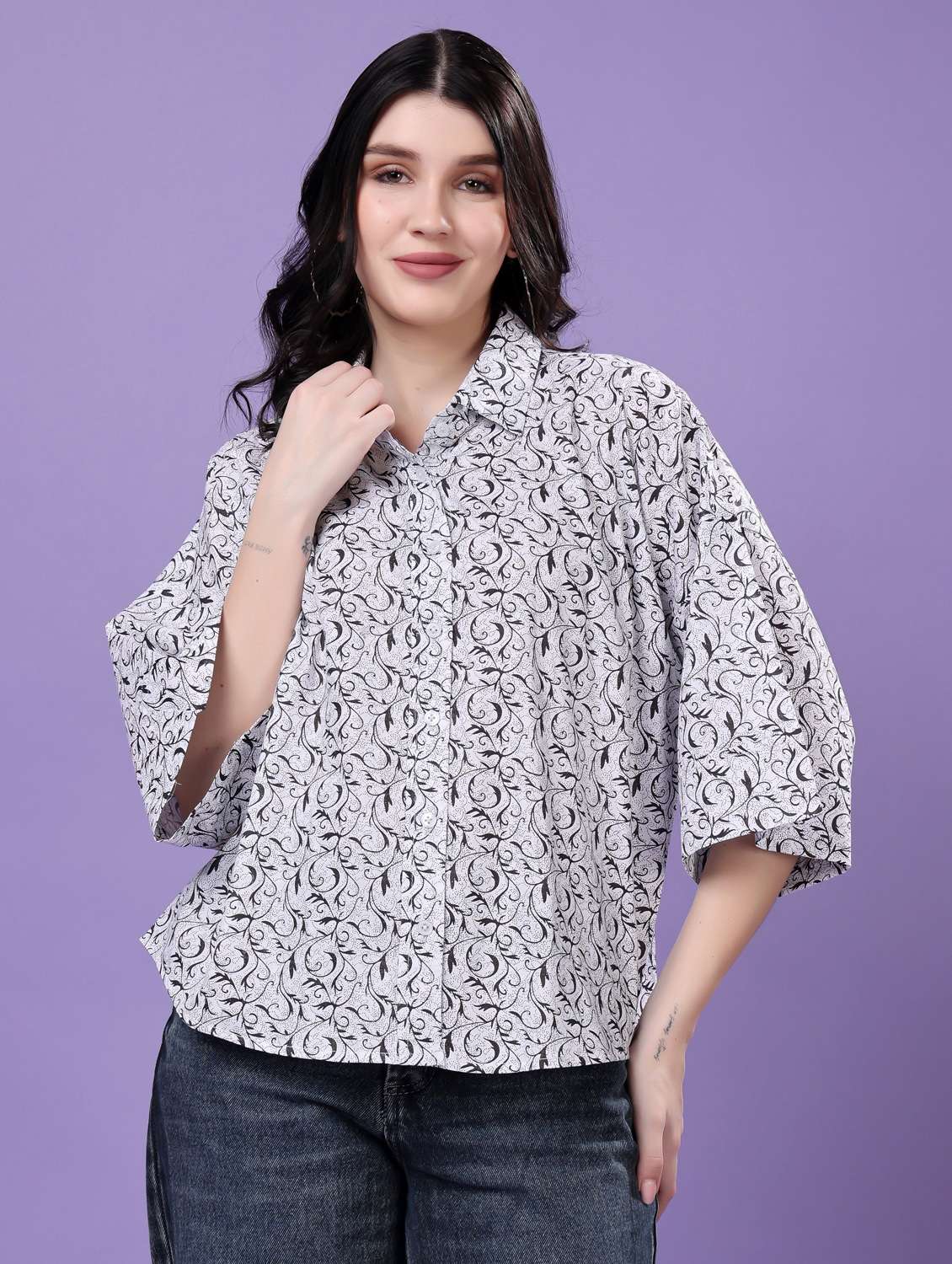 women printed drop shoulder collared oversized shirt - 22077002 -  Zoom Image - 0