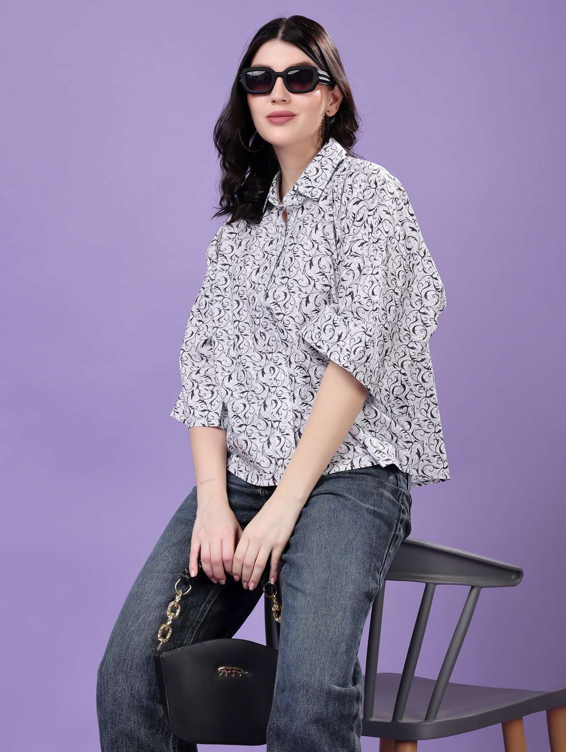 women printed drop shoulder collared oversized shirt - 22077002 - Standard Image - 1