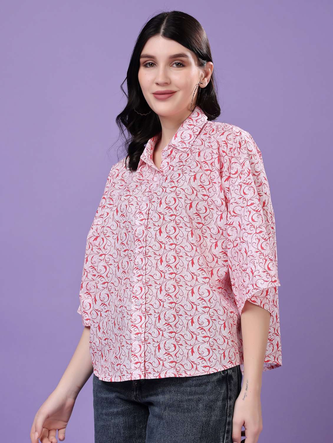 women printed drop sleeve collared oversized shirt - 22077003 -  Standard Image - 1