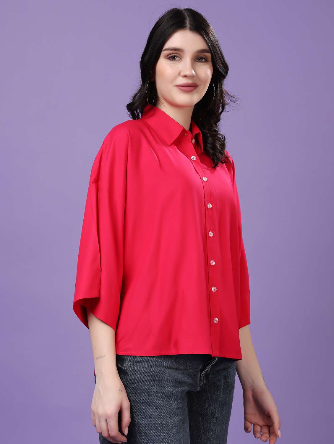 women solid drop sleeve collared oversized shirt - 22077004 -  Standard Image - 1