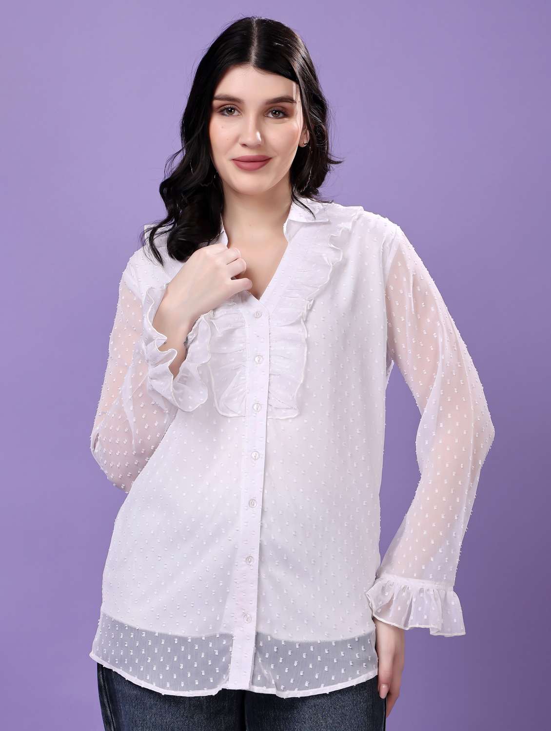 women self designed long sleeve sheer shirt - 22077005 -  Zoom Image - 0