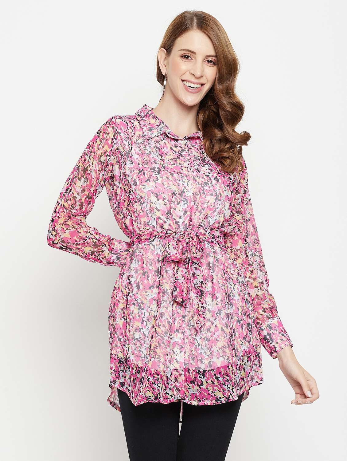 women printed collared long sleeve shirt tunic