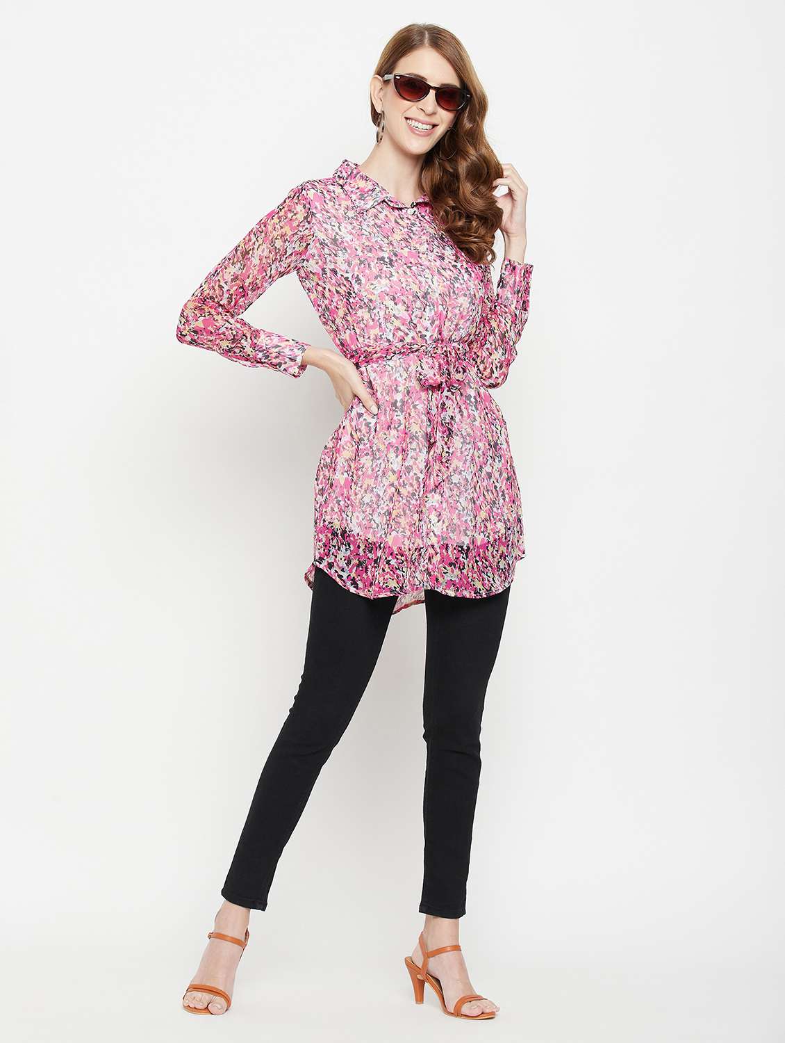 women printed collared long sleeve shirt tunic - 22077006 - Standard Image - 4