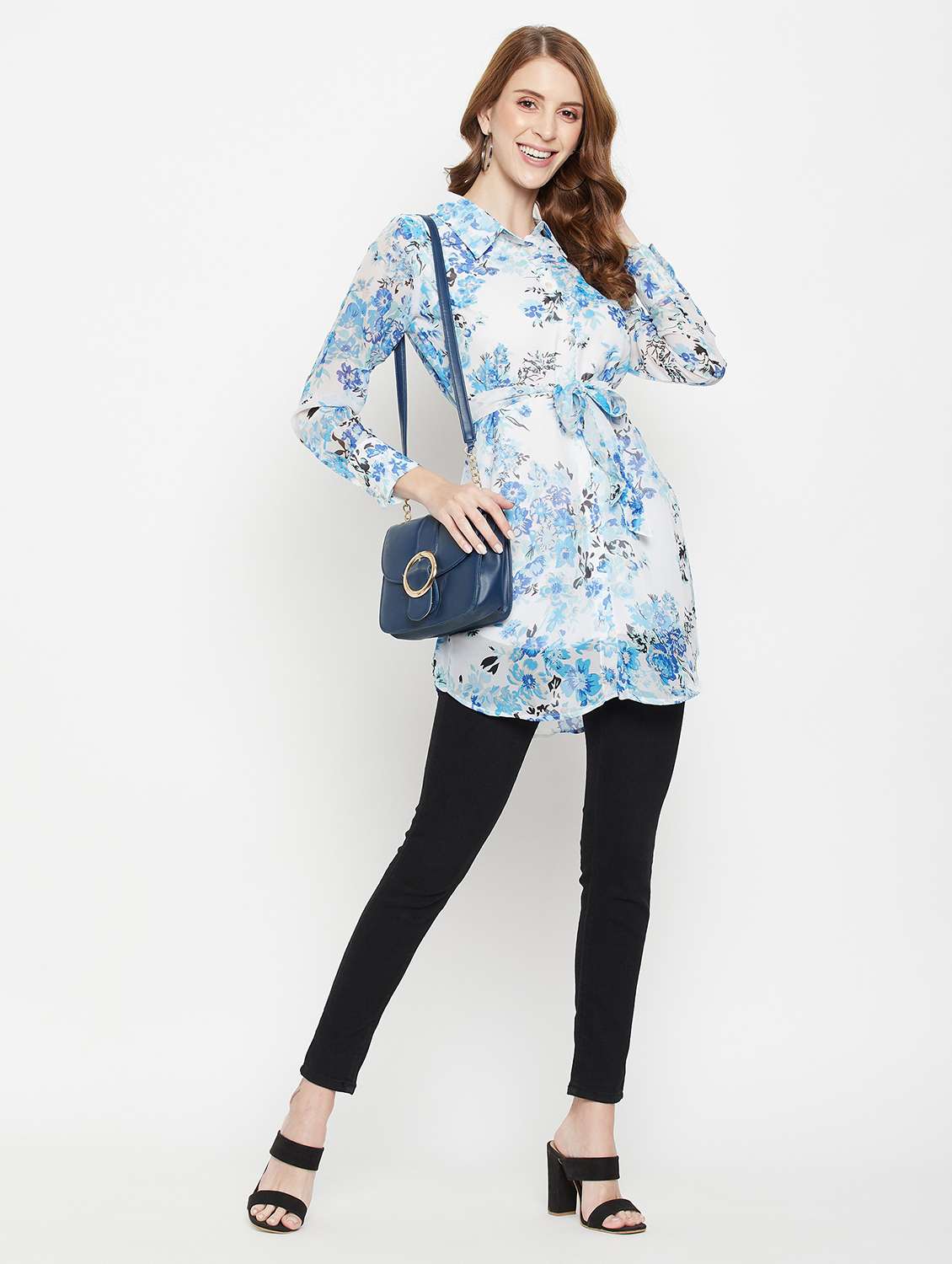women printed collared long sleeve shirt tunic - 22077007 - Standard Image - 4