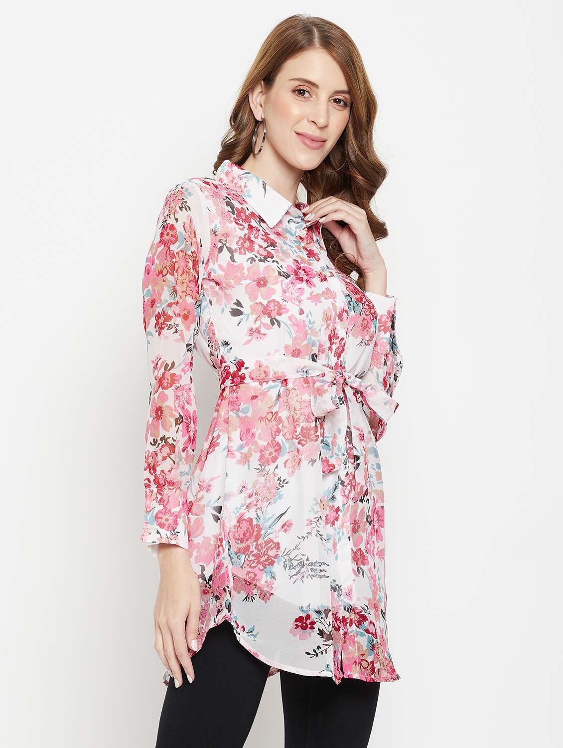 women printed collared long sleeve shirt tunic - 22077008 - Standard Image - 1
