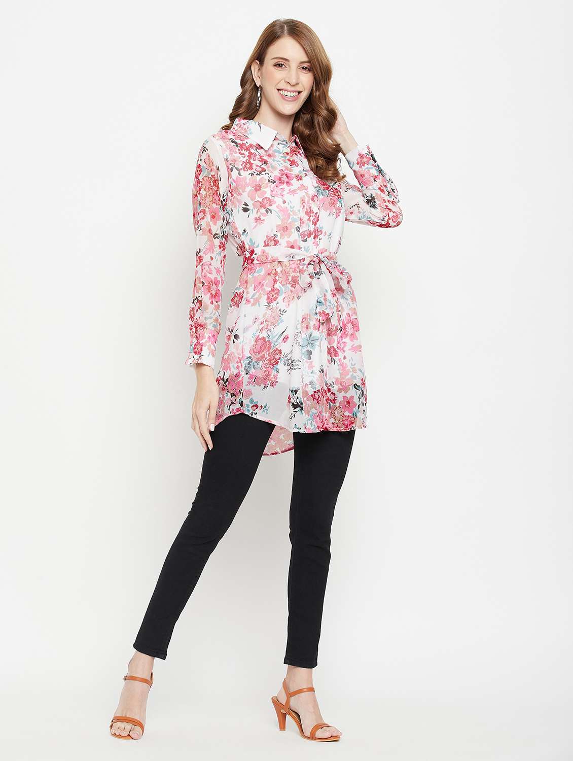 women printed collared long sleeve shirt tunic - 22077008 - Standard Image - 4