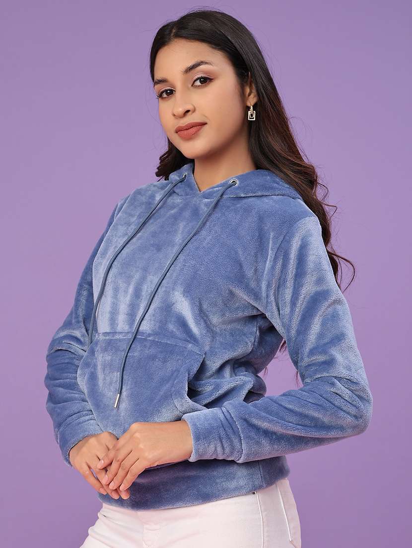 women solid long sleeve hooded sweatshirt - 22077314 -  Standard Image - 1